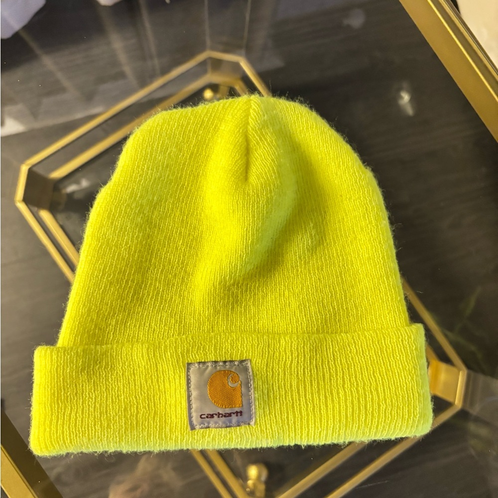 Carhartt Beanie Yellow Neon Logo Toboggan Knit Winter Hat One Size Unisex.